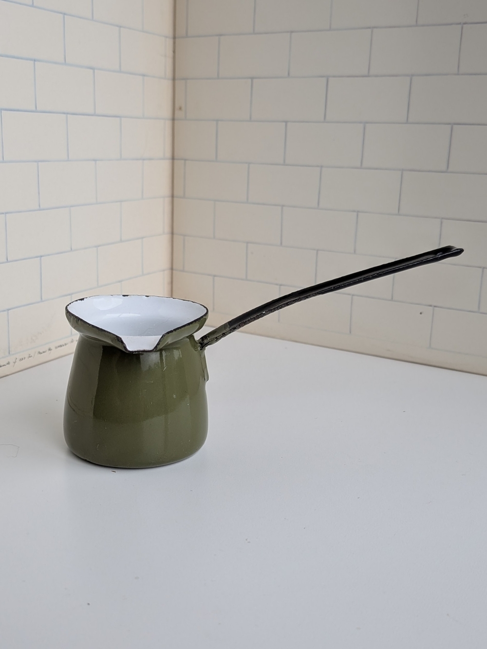 Vintage avocado green enamelware dipper, warmer, Would work for wax seal melting